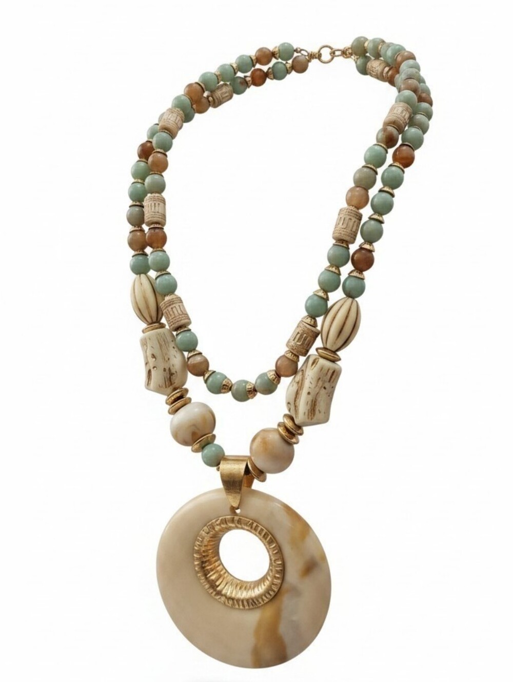 Beaded Statement Necklace with Beige and Mint Accents